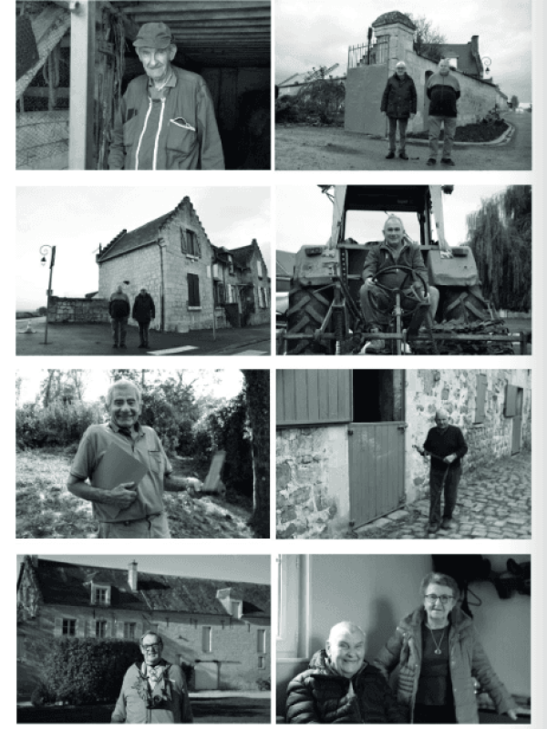 Montage de huit photographies en noir et blanc montrant divers portraits d'hommes et de femmes âgés dans un cadre rural.
