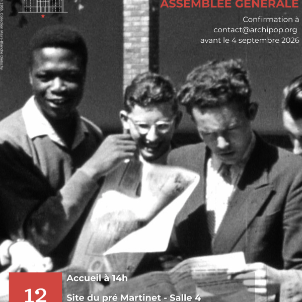 Affiche pour l'assemblée générale d'Archipop le 12 septembre à Beauvais, avec une photo d'archive en noir et blanc.